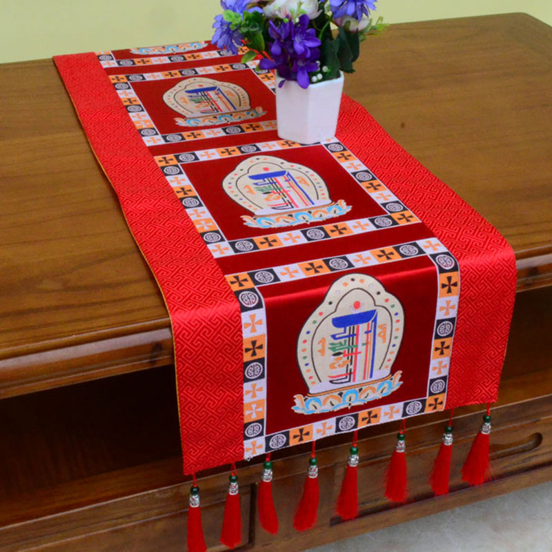 Buddha Stones Prayer Altar Mat Man-Bcu Kalachakra Endless Knot Vajra Tibetan Auspicious Symbols Tassels Table Runner Prayer Altar BS Man-Bcu Kalachakra Red 190*33cm