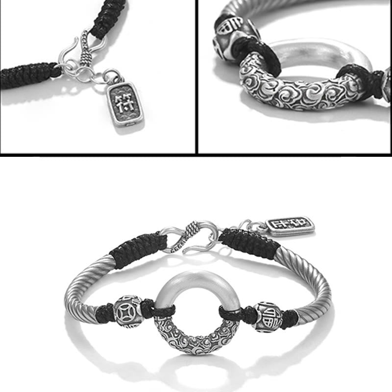 Buddha Stones 999 Sterling Silver Fu Character Peace Buckle Copper Coin Auspicious Clouds Fortune Bracelet Bracelet BS 15