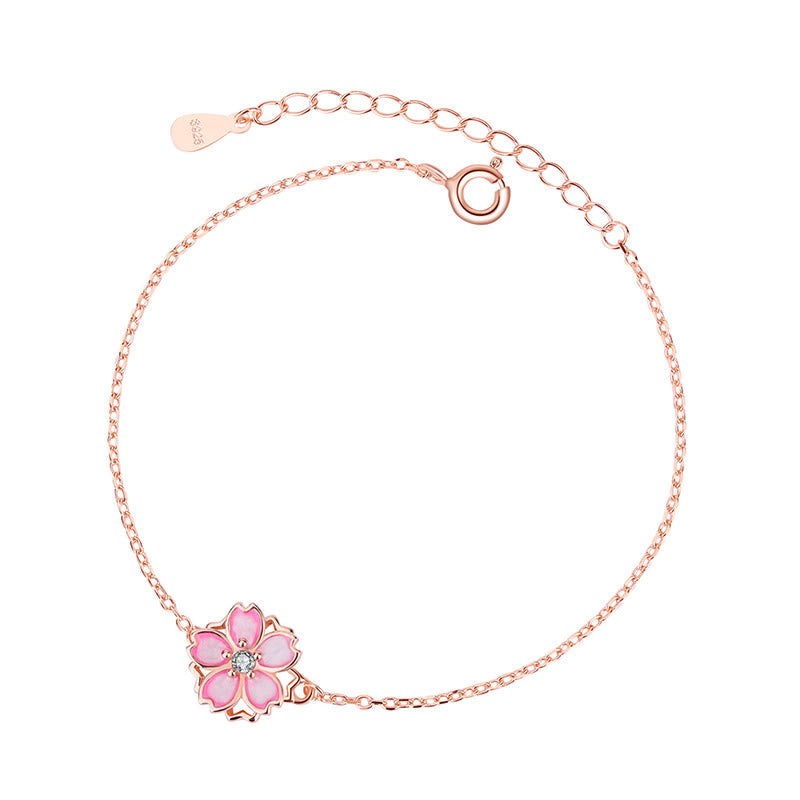Buddha Stones 925 Sterling Silver Cherry Blossom Blessing Chain Bracelet Rotatable Ring Bracelet BS 6