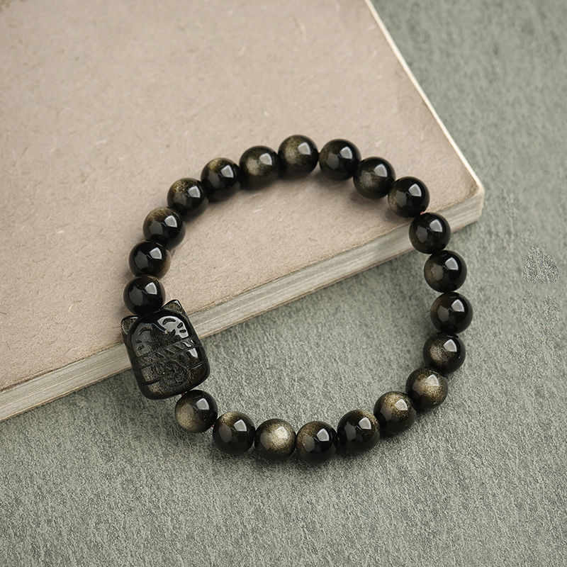 Foviel Gold Sheen Obsidian Silver Sheen Obsidian Lovely Paw Lucky Cat Protection Bracelet