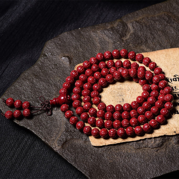 Buddha Stones 108 Mala Beads Cinnabar Om Mani Padme Hum Pattern Engraved Blessing Bracelet Mala Bracelet BS 9