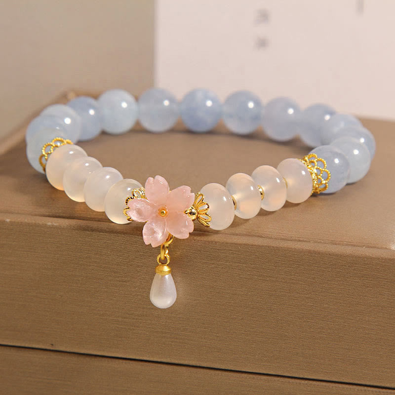 Buddha Stones Aquamarine White Agate Pearl Abacus Beads Flower Healing Bracelet Bracelet BS 6