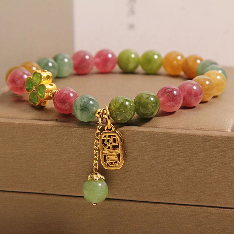 Buddha Stones Tourmaline Jade Colorful Four-leaf Clover Positive Bracelet Bracelet BS 2