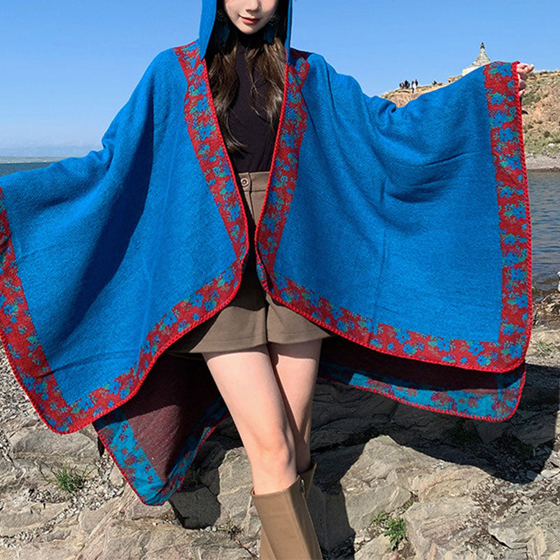 Buddha Stones Tibetan Shawl Border Small Floral Flower Hooded Cloak Winter Cozy Travel Scarf Wrap Tibetan Shawl BS Blue 150*130cm