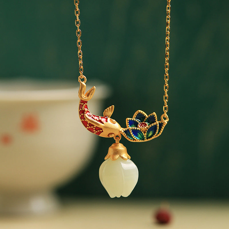 Buddha Stones 925 Sterling Silver White Jade Koi Fish Lotus Protection Necklace Pendant Necklaces & Pendants BS White Jade(Protection ♥ Happiness)