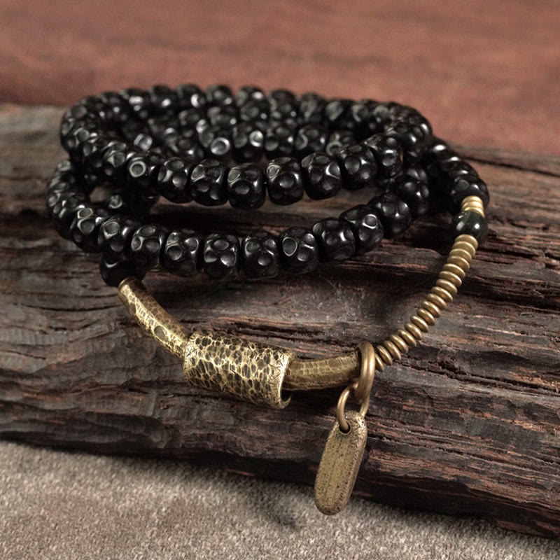 Buddha Stones Retro Coconut Shell Copper Happiness Triple Wrap Bracelet Bracelet BS 2