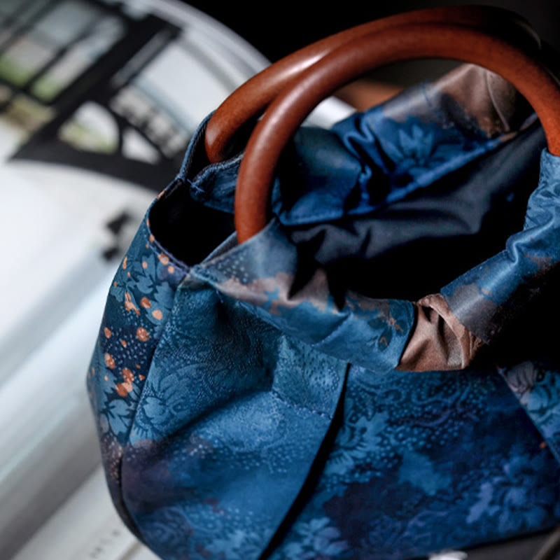 Buddha Stones Handmade Jacquard Flower Blue Wooden Handle Handbag Handbags BS 4
