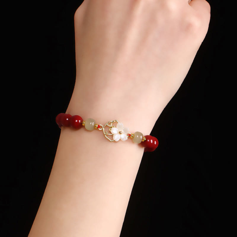 Buddha Stones Natural Cinnabar Jade Beaded Tridacna Stone Flower Blessing Bracelet Bracelet BS 5
