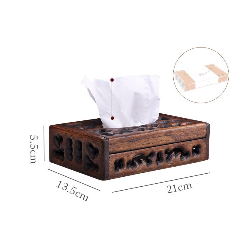 Buddha Stones Retro Wooden Tissue Box Engraved Wooden Tissue Holder Wipes Boxes Decoration Decorations BS 21*13.5*5.5cm-Fit For 50 Tissues