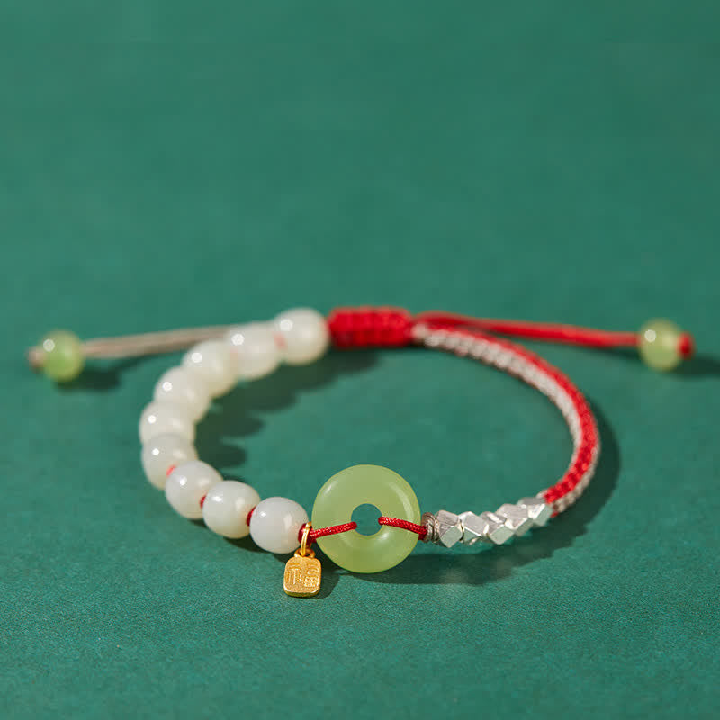 Buddha Stones 925 Sterling Silver Hetian Jade Peace Buckle Beaded Luck Happiness Charm Bracelet Bracelet BS Red
