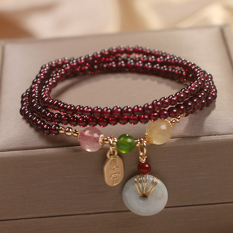 Buddha Stones Natural Garnet Strawberry Quartz Crystal Fox Koi Fish Peace Buckle Fortune Protection Triple Wrap Bracelet Bracelet BS 13