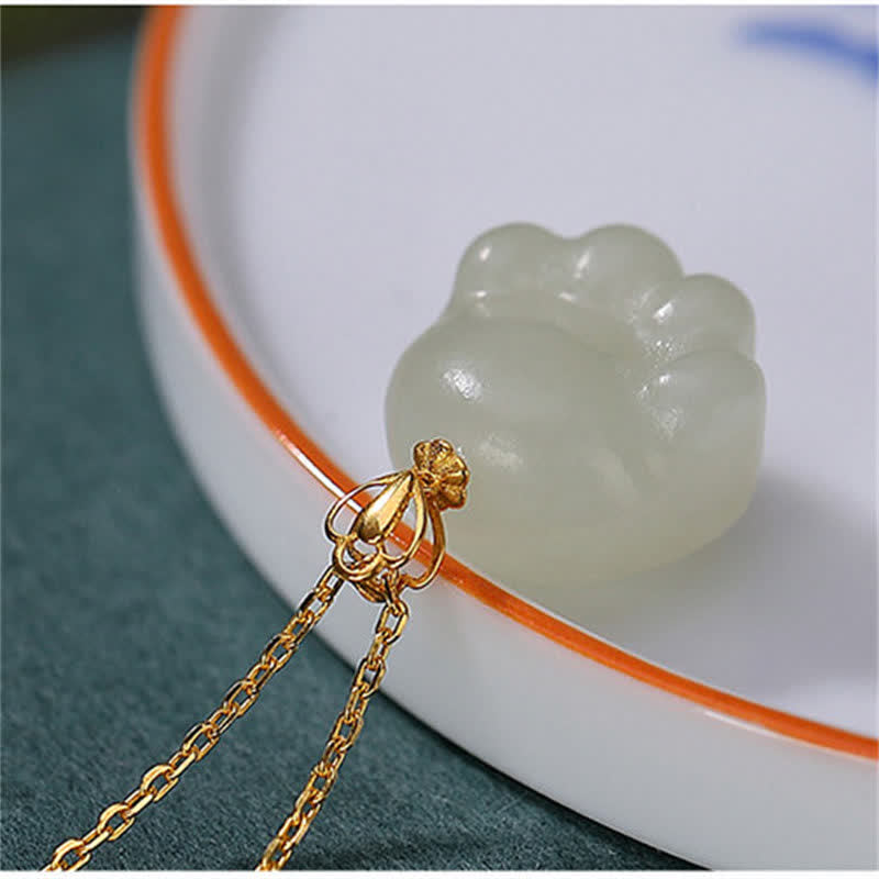 Buddha Stones 925 Sterling Silver Hetian White Jade Cute Cat Paw Luck Necklace Pendant Necklaces & Pendants BS 5
