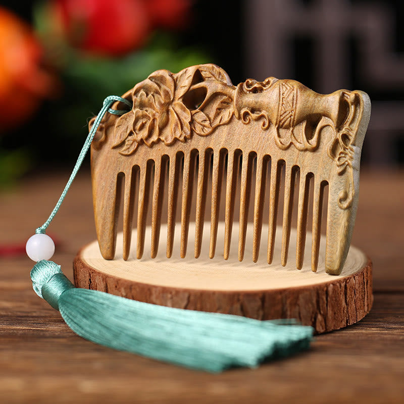 Buddha Stones Green Sandalwood Fox Peony Flower Lotus Engraved Cure Tassel Comb Comb BS Peony Vase Green Sandalwood