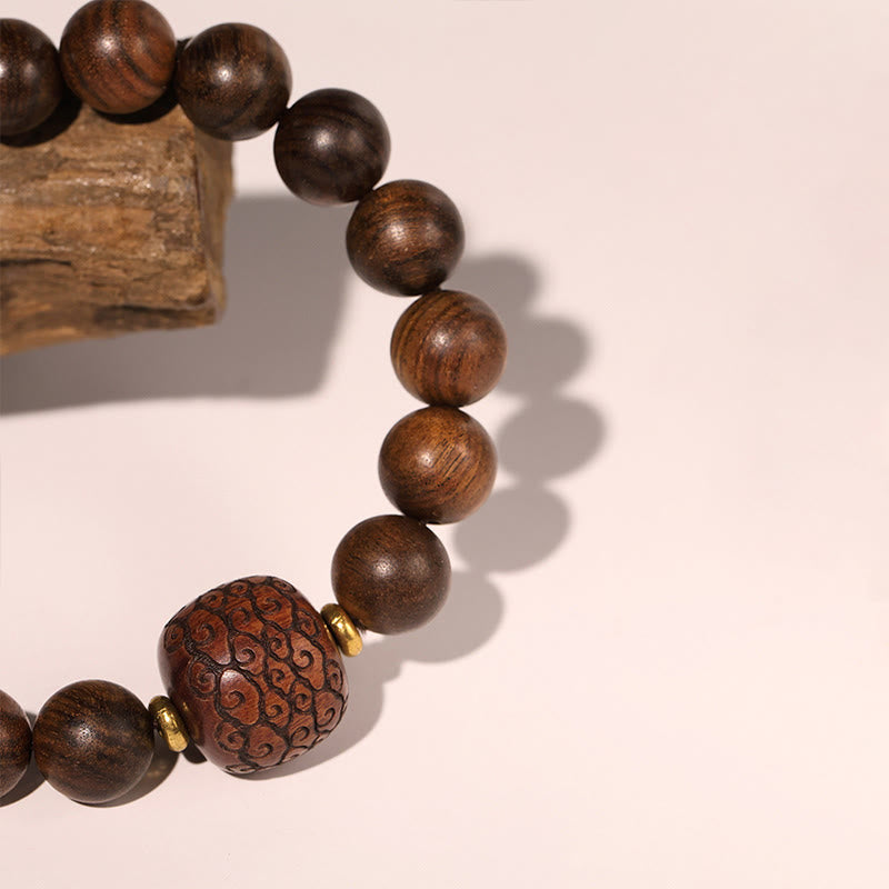 Buddha Stones Rosewood Auspicious Clouds Totem Fu Character Bamboo Pattern Warmth Bracelet Bracelet BS 3