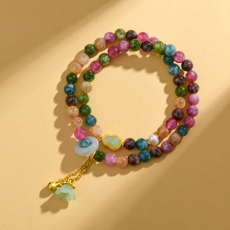 Buddha Stones Multicolored Tourmaline Gourd Wisdom Double Wrap Lily Of The Valley Charm Bracelet Bracelet BS 4