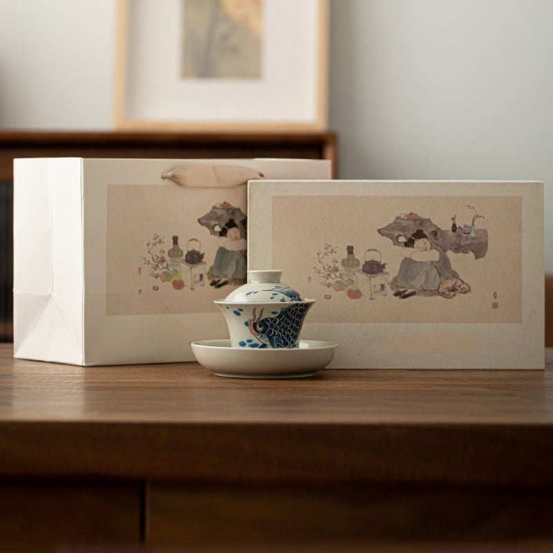 Buddha Stones Koi Fish Arowana Ceramic Gaiwan Sancai Teacup Kung Fu Tea Cup With Lid 130ml Cup BS Blue Koi Fish Gaiwan Teacup 13.5cm*9.7cm*130ml(Gift Box)