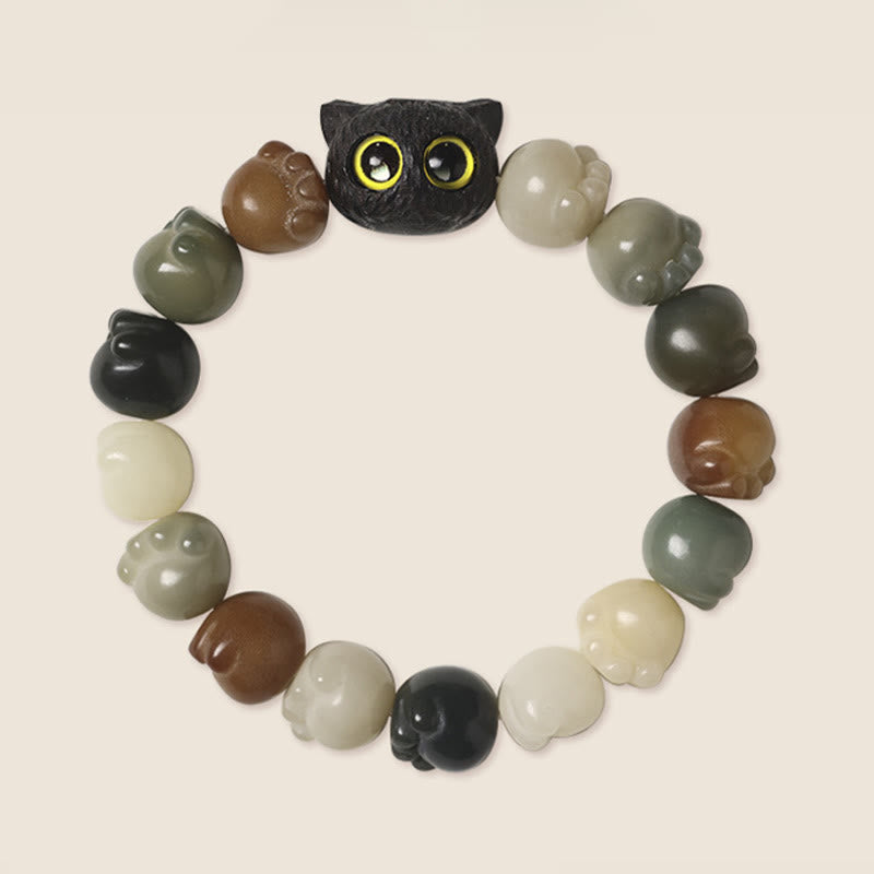 Buddha Stones Natural Bodhi Seed Lovely Paw Ebony Wood Lucky Cat Wisdom Bracelet Bracelet BS 3