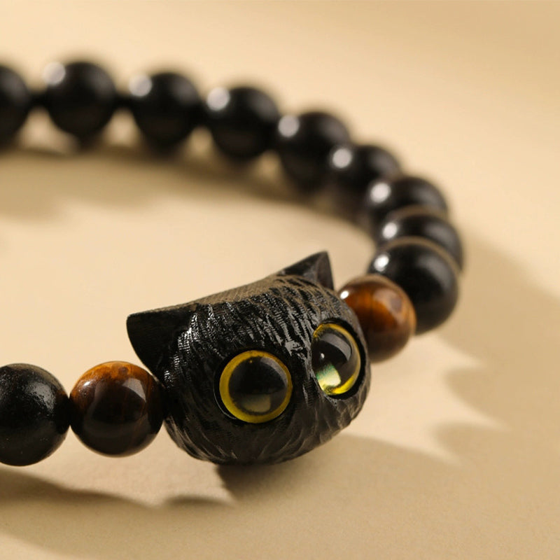 Buddha Stones Cute Ebony Wood Cat Head Pattern Peace Bracelet Bracelet BS 2