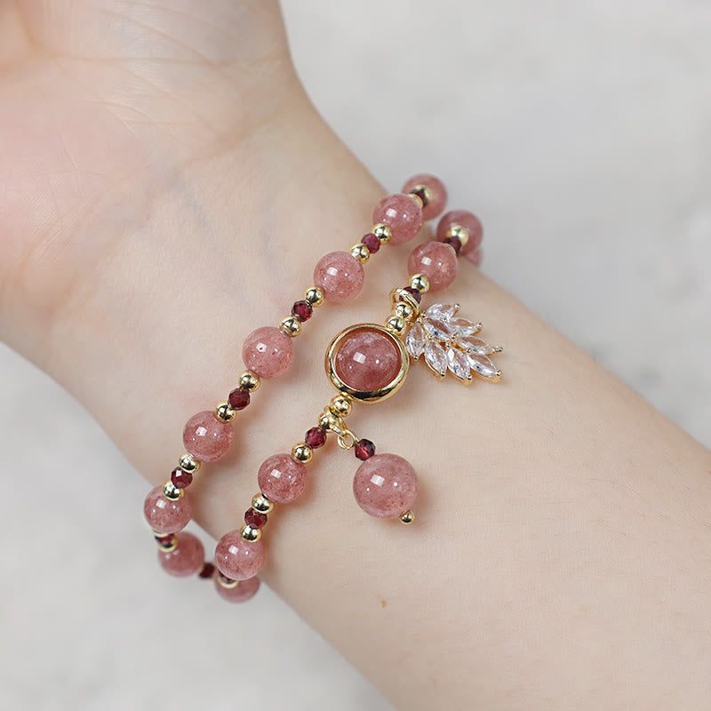 Buddha Stones Natural Strawberry Quartz Love Healing Maple Leaf Charm Double Wrap Bracelet Bracelet BS 7