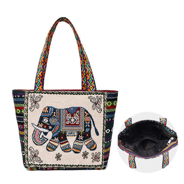 Buddha Stones Elephant Butterfly Embroidered Large Capacity Canvas Tote Bag Shoulder Bag Bag BS 1