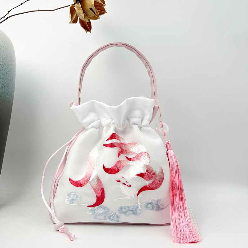 Buddha Stones Suzhou Embroidery Rabbit Lotus Epiphyllum Peony Magnolia Silk Tote Crossbody Bag Shoulder Bag Handbag Crossbody Bag BS Light Pink Nine-Tailed Fox 20*20*7cm