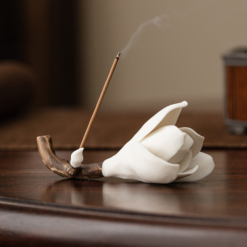 Buddha Stones Gardenia Flower Pattern Ceramic Healing Incense Burner Decoration Incense Burner BS White 8.5cm*3.5cm