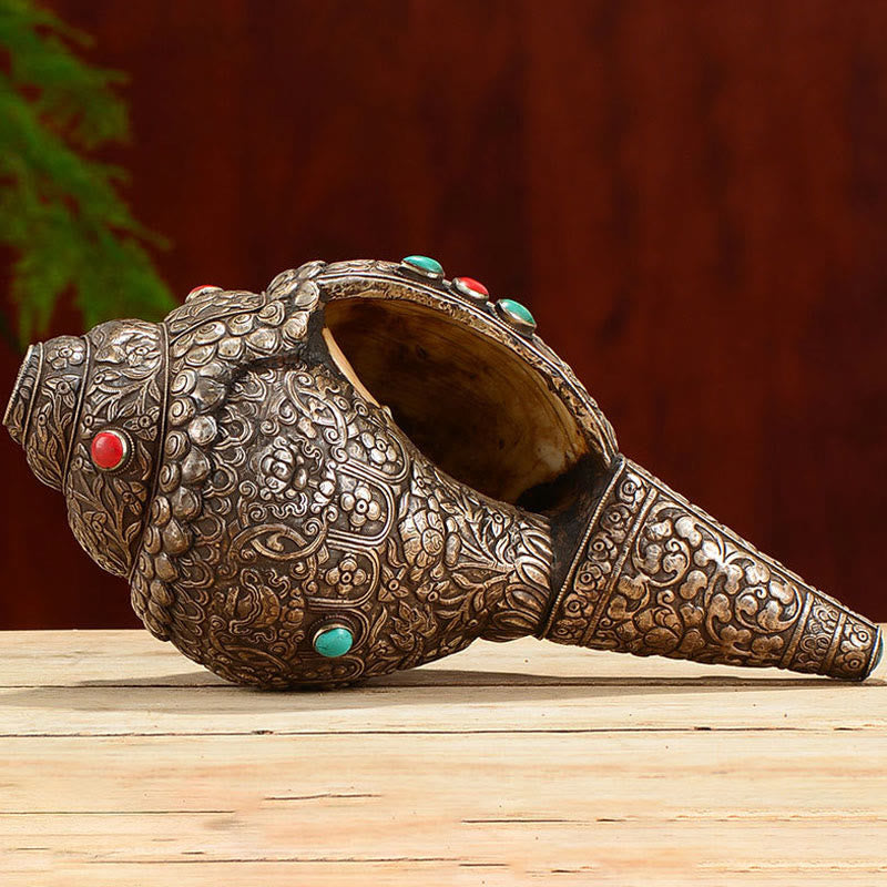 Buddha Stones Tibetan Handmade Natural Shankha Engraved Eight Auspicious Symbols Conch Shell Lucky Home Decoration Decorations BS 11