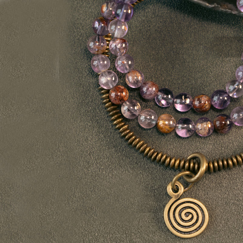 Buddha Stones Purple Phantom Red Hematoid Quartz Green Rutilated Quartz Copper Love Forgive Bracelet Bracelet BS 10