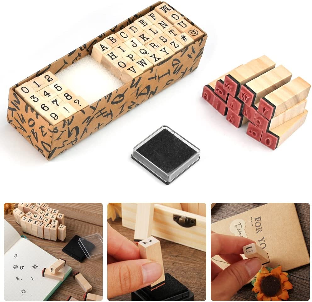 Fidtoy Wooden Number and Letter Stamp Set 40 Pieces Alphabet Rubber Stamps with Inkpad for Kids DIY Cards Scrapbooks Journals Ages 3+