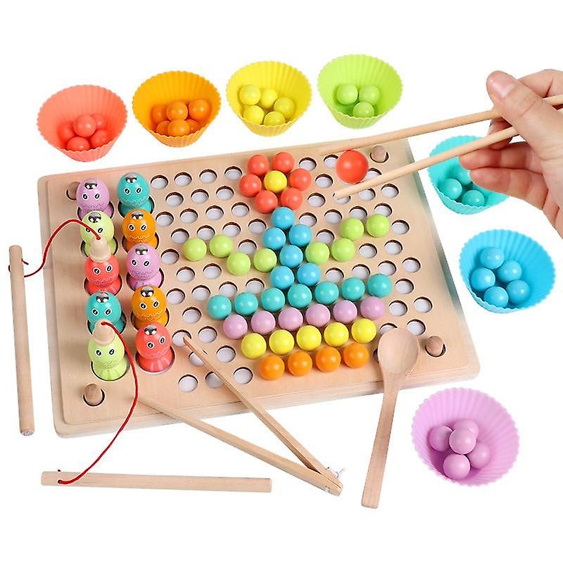 Fidtoy 3 in 1 Wooden Magnetic Fishing with Colorful Bead Holder Set, Wooden Color Sorting Bead Toy with Pattern Cards, Fine Motor Preschool Learning Toy Ages 3+