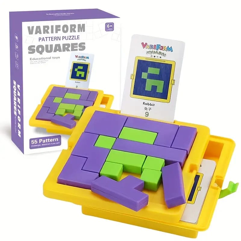 Fidtoy Variform Squares Mind Pattern Puzzle for Kids | 55 Challenge Cards, 13 Plastic Logic Blocks, Color Matching, Pattern Building, Memory & Problem-Solving Game Age 5-12