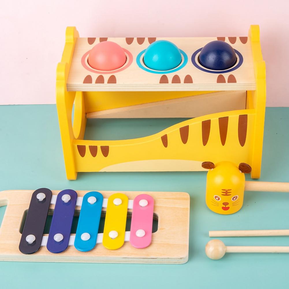 Fidtoy Wooden Tiger Pound Hammering Table with Xylophone, Wooden Hammering Table and Slide-Out Xylophone Music Toy for Fine Motor Skills, Hand-Eye Coordination and Rhythm Play