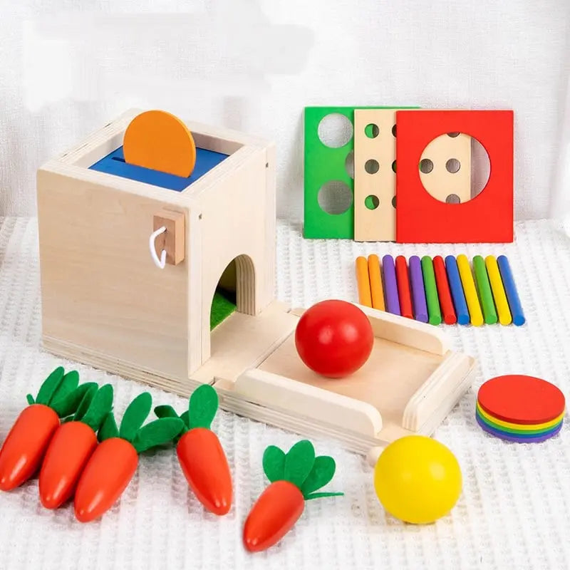Fidtoy 4 in 1 Permanence Box – Wooden Montessori Object Permanence Toy for Toddlers, Sorting, Color Matching, Sensory Play