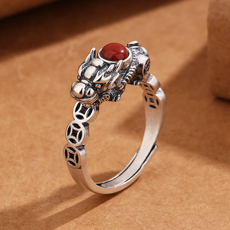 Buddha Stones PiXiu Copper Coin Red Agate Wealth Luck Ring Ring BS PiXiu(Wealth♥Luck)