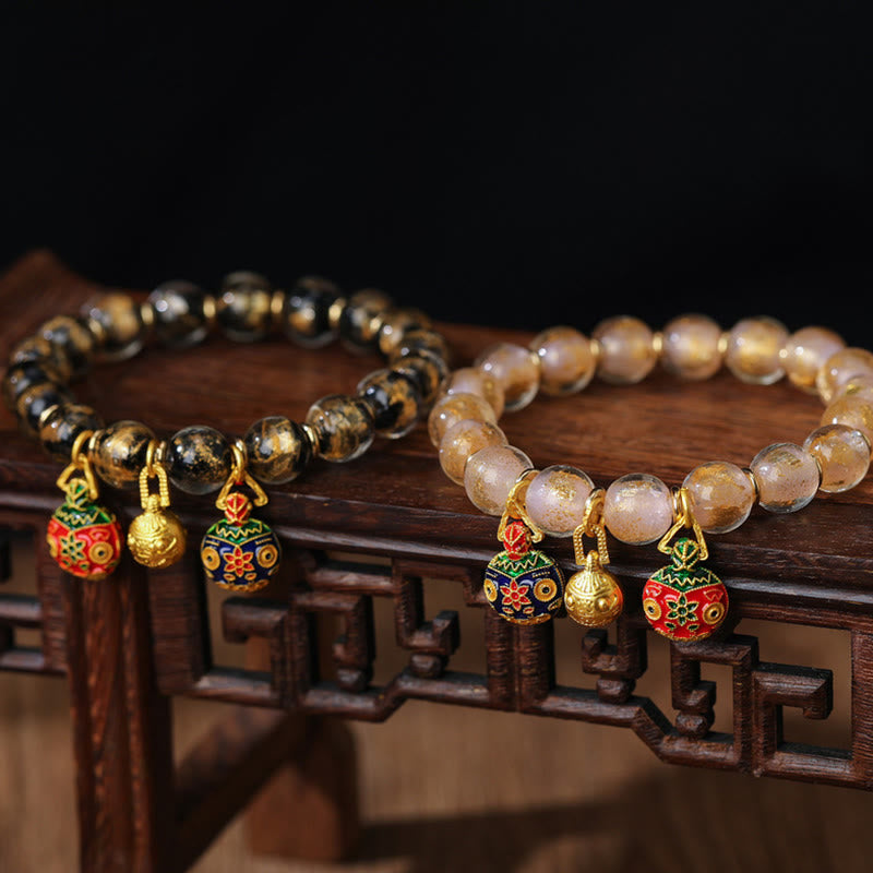 Buddha Stones Gold Swallowing Beast Family Charm Gold Silver Foil Liuli Glass Bead Blessings Bracelet Bracelet BS 6