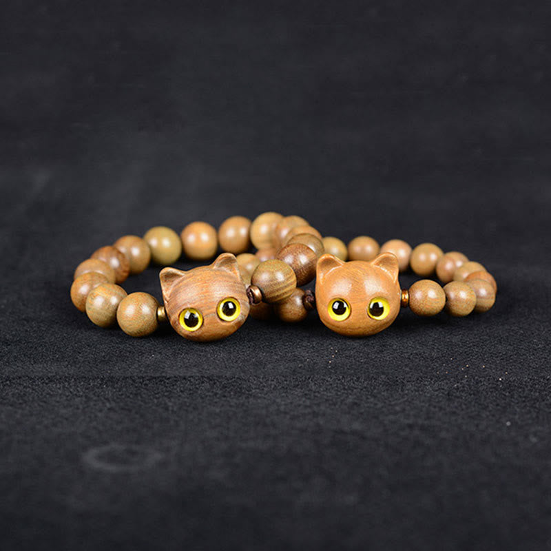 Buddha Stones Ebony Wood Green Sandalwood Red Sandalwood Lovely Cat Balance Bracelet Bracelet BS 6
