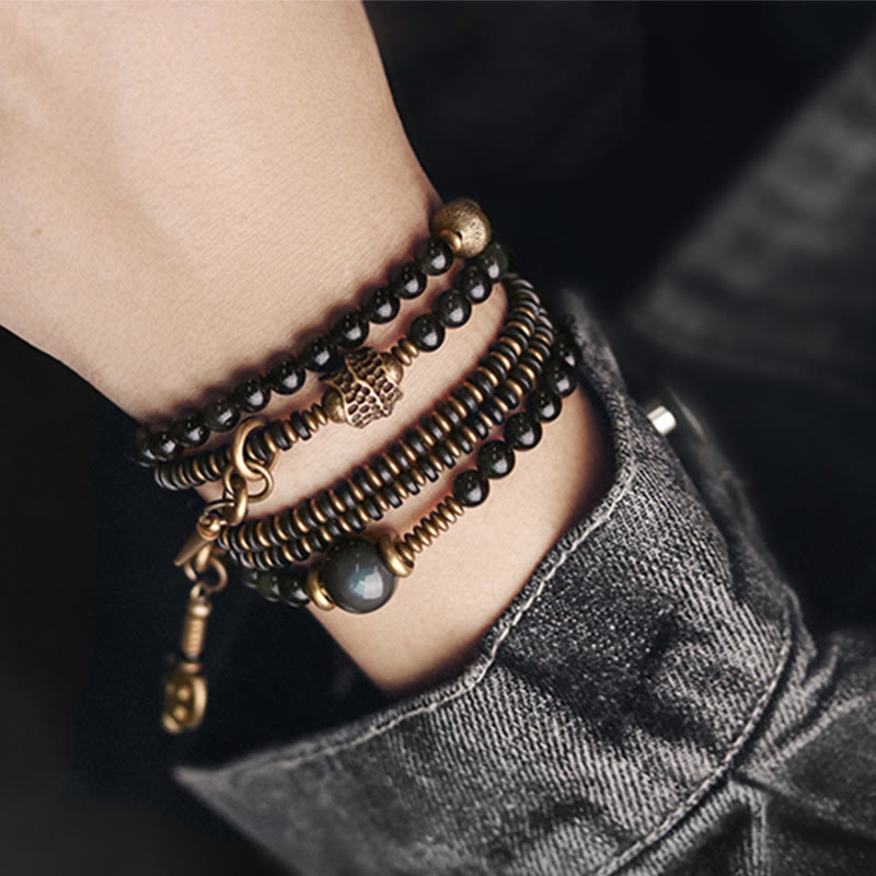 Buddha Stones Rainbow Obsidian Ebony Wood Copper Positive Multilayer Bracelet Bracelet BS 11