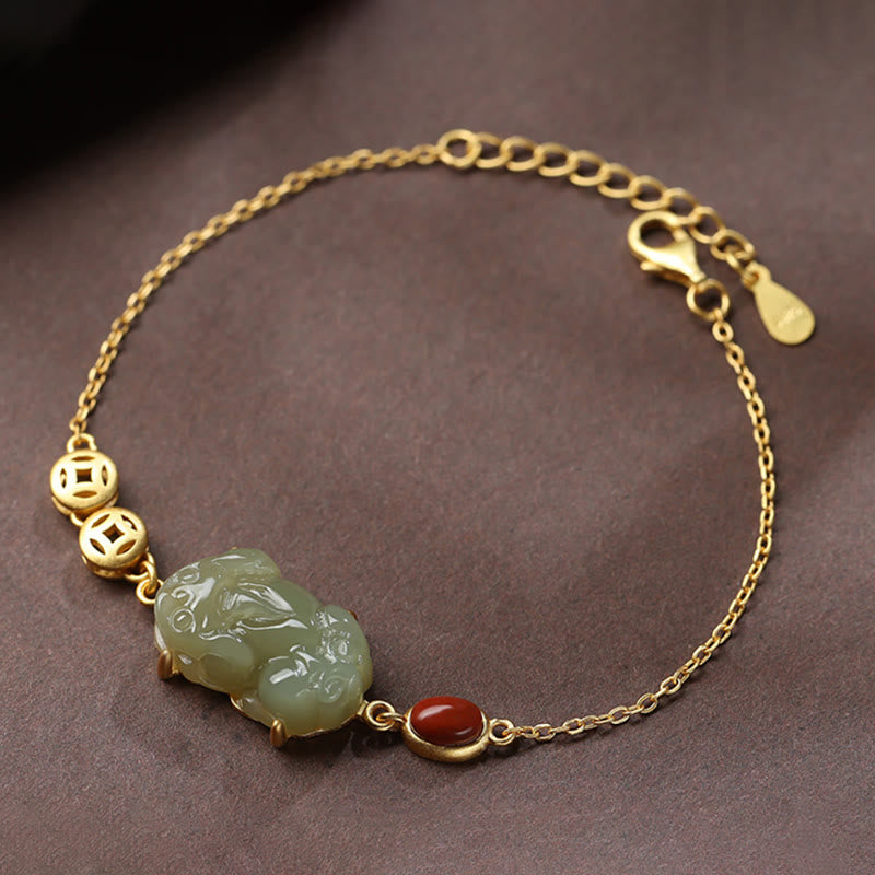 Buddha Stones Cyan Jade PiXiu Copper Coin Red Agate Success Chain Bracelet Bracelet BS 6