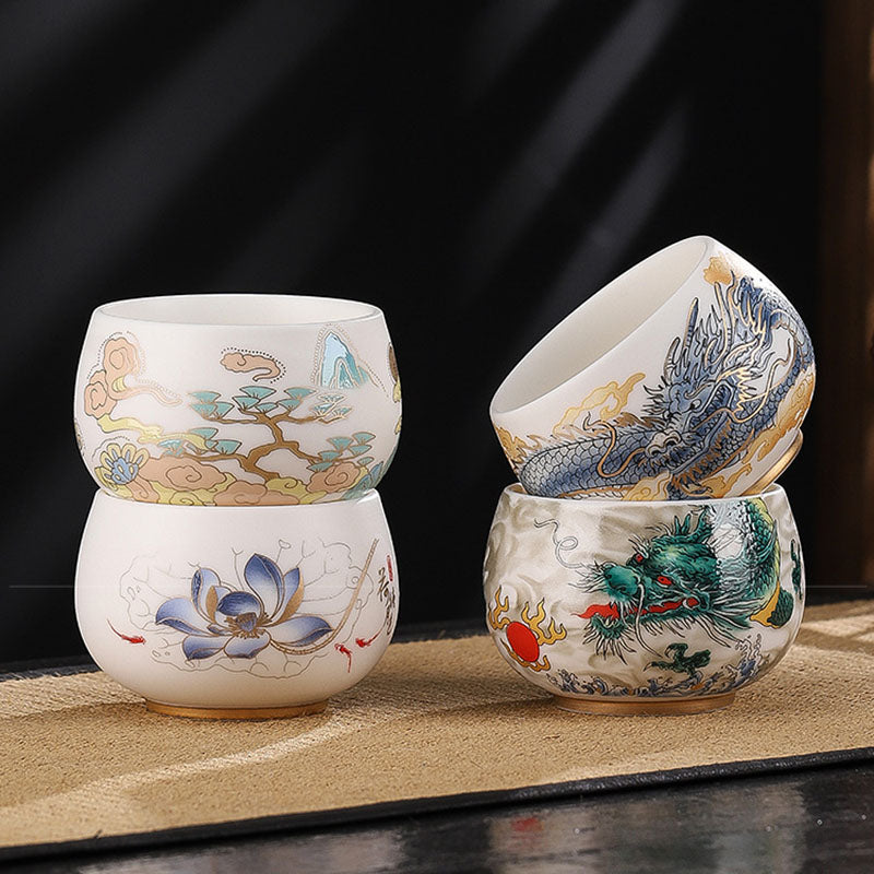 Buddha Stones Dragon Cicada Bamboo Deer Crane Lotus Plum Flower Ceramic Teacup Kung Fu Tea Cup Bowl 185ml Cup BS 17