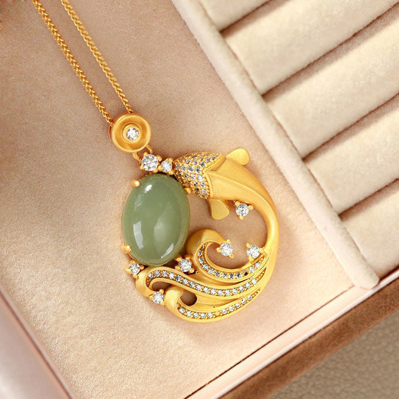Buddhastoneshop Cyan Jade Koi Fish Healing Calm Necklace Pendant