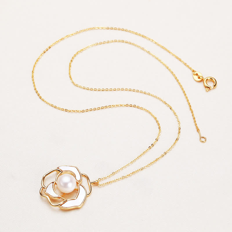 Buddha Stones 925 Sterling Silver Pearl Camellia Pattern Happiness Necklace Pendant Earrings Necklaces & Pendants BS Necklace