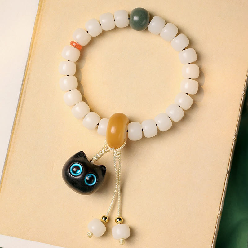 Buddha Stones Natural Bodhi Seed African Blackwood Lovely Cat Charm Peace Harmony Bracelet Bracelet BS 6
