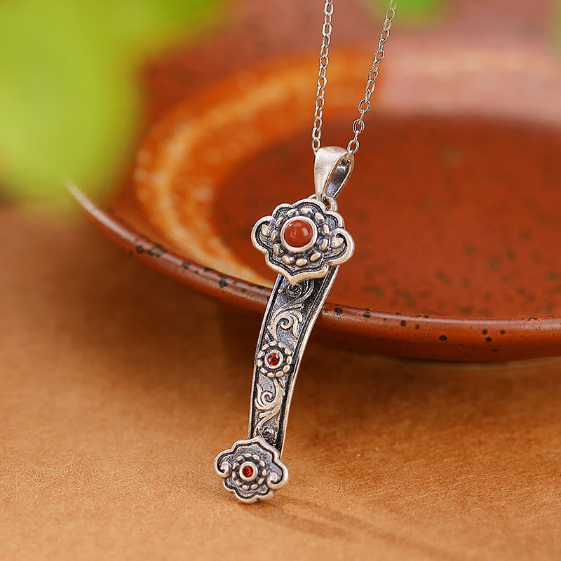Buddha Stones 925 Sterling Silver Red Agate Cyan Jade Auspicious Clouds Ruyi Handle Blessing Necklace Pendant Necklaces & Pendants BS Red Agate Ruyi Handle