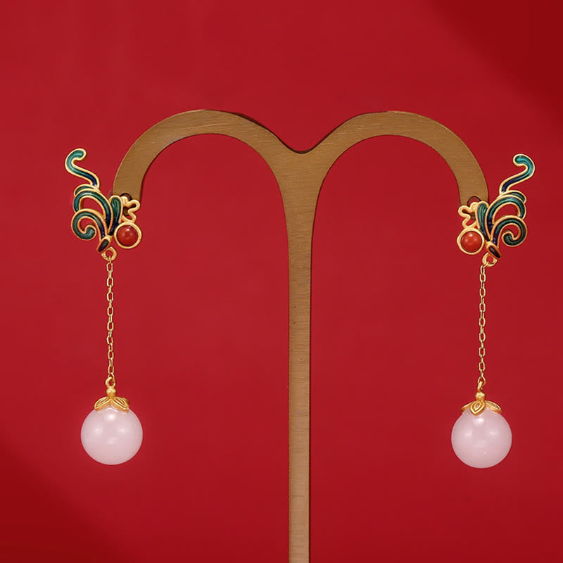 Buddha Stones Vintage White Jade Red Agate Bead Blessing Drop Dangle Earrings Earrings BS 4