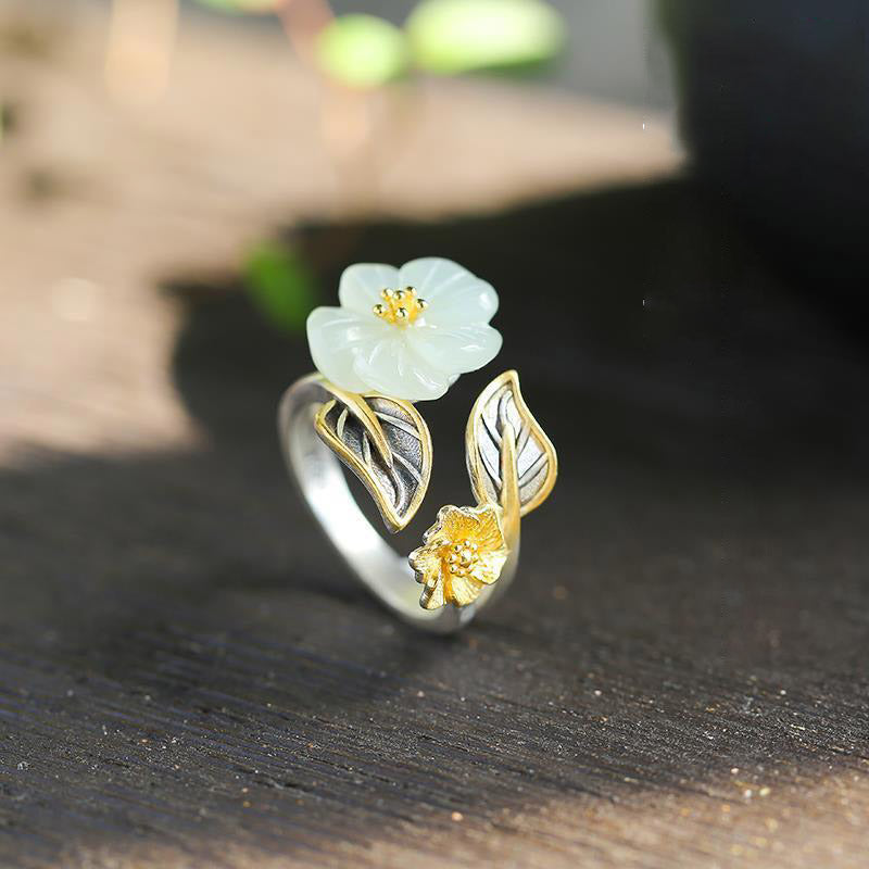 Buddha Stones 925 Silver Plated Copper White Jade Plum Flower Leaf Luck Ring Rings BS 6