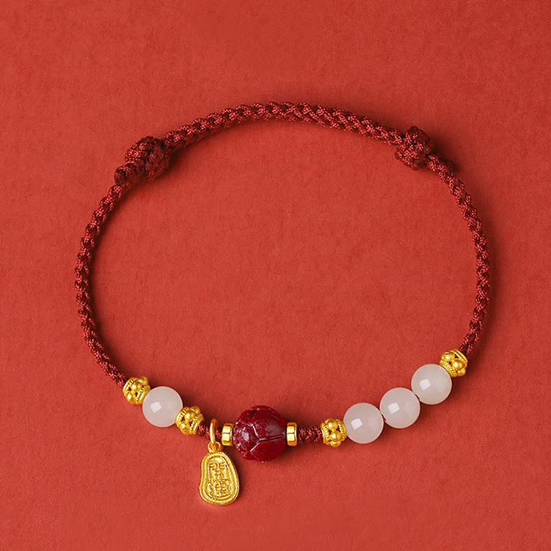 Buddha Stones 24K Gold Plated Hetian White Jade Cinnabar Lotus Luck Rope Bracelet Bracelet BS 1