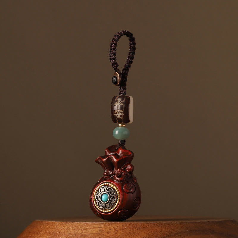 Porte-clés rotatif de protection Foviel en bois de santal rouge à petites feuilles et bois de santal vert, motif sac d'argent et Om Mani Padme Hum, décoration à suspendre pour téléphone