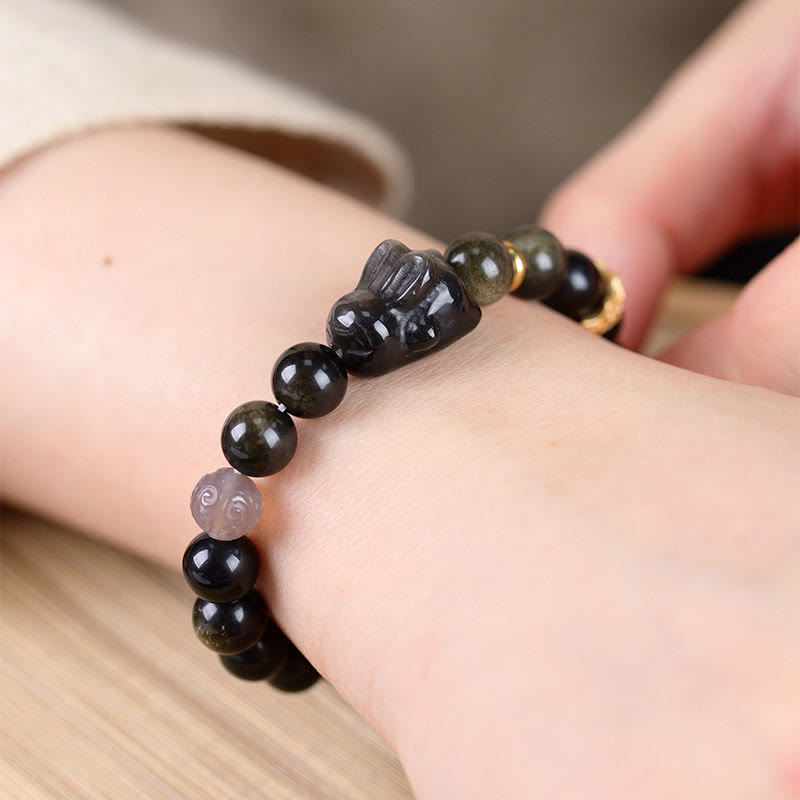 Buddha Stones Gold Sheen Obsidian Black Obsidian Silver Sheen Obsidian Cute Rabbit Protection Bracelet Bracelet BS 9