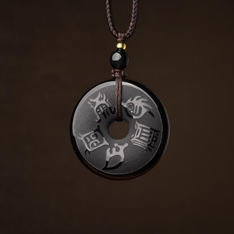 Buddha Stones Black Obsidian Taoism Five Sacred Mountains Carved Strength Peace Buckle Necklace Pendant Key Chain Phone Hanging Decoration Necklaces & Pendants BS Necklace