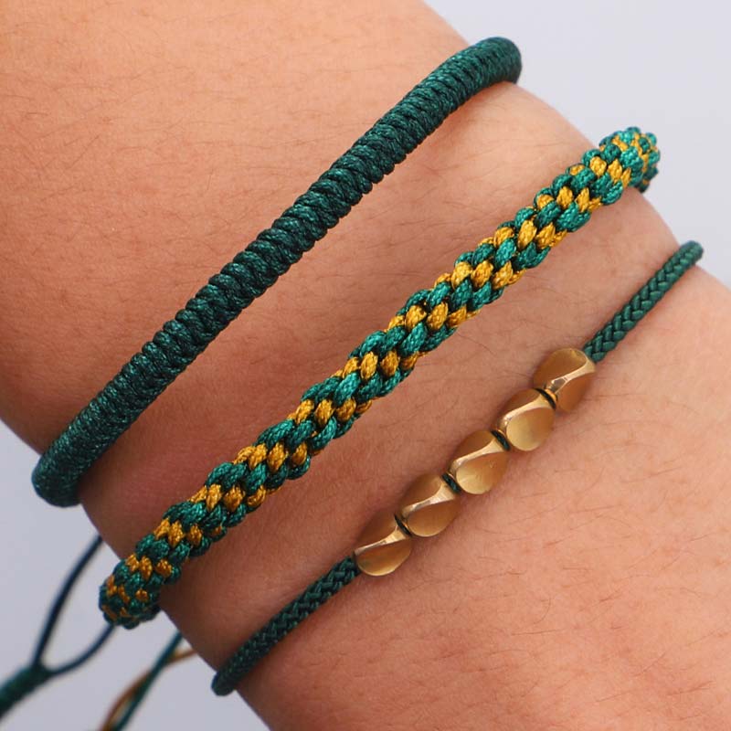 Buddha Stones 3 PCS Tibetan Copper Beads Healing Protection Luck Bracelet Set Bracelet BS 14